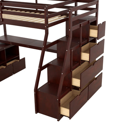 Twin Loft Bed with Stairs and Desk by Harper & Bright Designs - Solid Wood Frame with 7 Drawers & 2 Shelves in Espresso