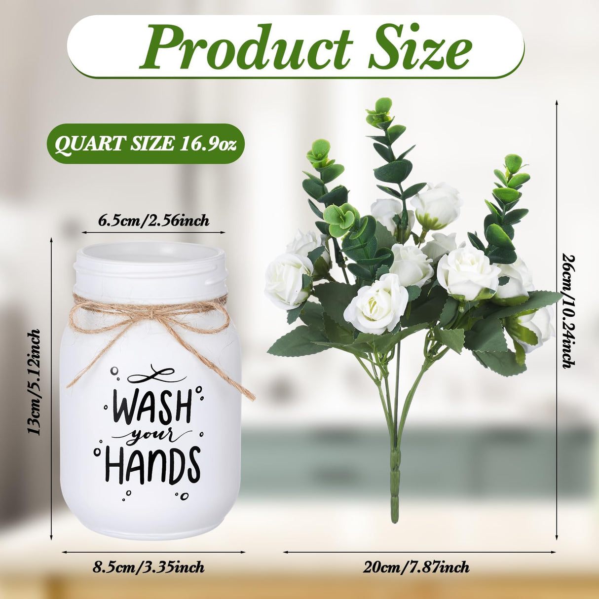 XunYee Farmhouse Bathroom Decor Wash Your Hands Sign Mason Jar with Flowers 16.9 oz White Mason Jar Centerpiece Table Rustic Decor for Restroom Bathroom Shelf Bridal Shower Kitchen XunYee