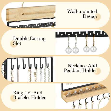 Feyejade Hanging Jewelry Organizer, 5-Tier Wall Earring Holder with Wooden Ring Groove, Jewelry Rack Wall Mounted for Earrings, Necklaces, Bracelets and Rings, Jewelry Holder Stand,Black Feyejade