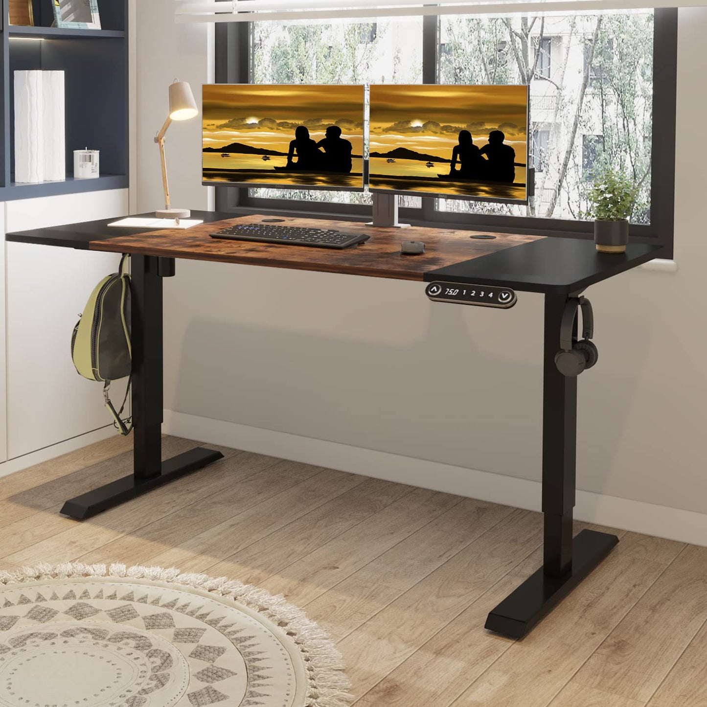 Jceet Adjustable Height Electric Standing Desk - 63 x 30 Inch Sit Stand Computer Desk with Splice Board, Stand Up Desk Table for Home Office, Black Frame/Black and Rustic Brown Top - WoodArtSupply