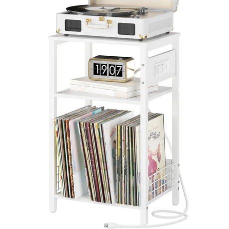 Yoobure Record Player Stand, 3-Tier White Side Table with Charging Station, Small End Table Nightstand with Vinyl Storage, Tall Beside Tables Turntable Stand for Album CD, Night Stand for Living Room Yoobure