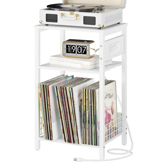 Yoobure Record Player Stand, 3-Tier White Side Table with Charging Station, Small End Table Nightstand with Vinyl Storage, Tall Beside Tables Turntable Stand for Album CD, Night Stand for Living Room