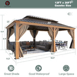 YOLENY 12' x 20' Hardtop Gazebo Wood Grain Gazebo with Galvanized Steel Double Roof, Aluminum Frame, Outdoor Patio Hardtop Gazebo with Netting and Curtains for Deck, Backyard, Patio, Lawns YOLENY