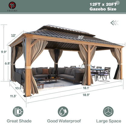 YOLENY 12' x 20' Hardtop Gazebo Wood Grain Gazebo with Galvanized Steel Double Roof, Aluminum Frame, Outdoor Patio Hardtop Gazebo with Netting and Curtains for Deck, Backyard, Patio, Lawns