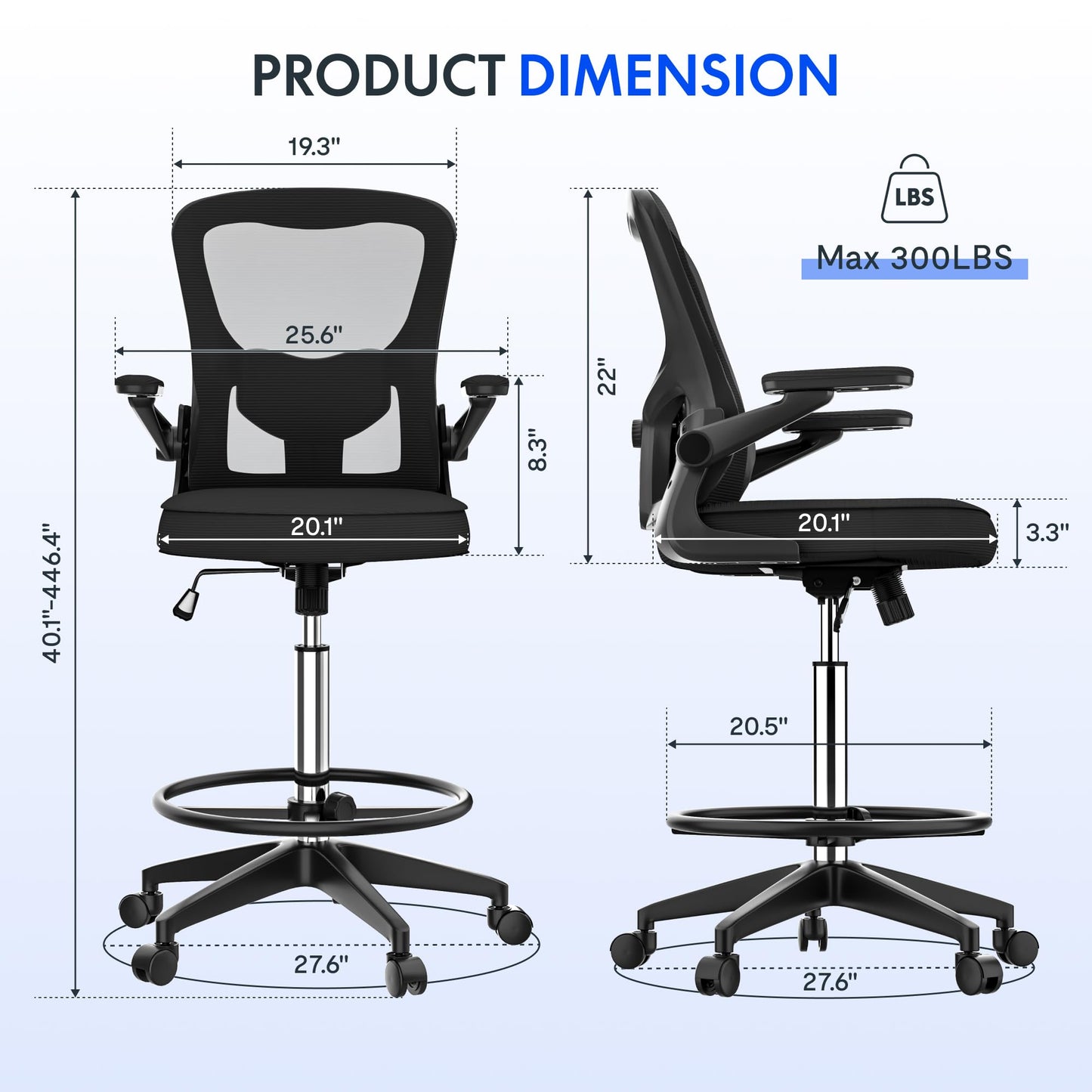 FLEXISPOT Drafting Chair Tall Office Chair with 2D Lumbar,3D Flip-up Armrest,Standing Desk Chair with Breathable Mesh & Adjustable Foot Ring BIFMA Certified for Home Office,Drawing,Guitar(Black)