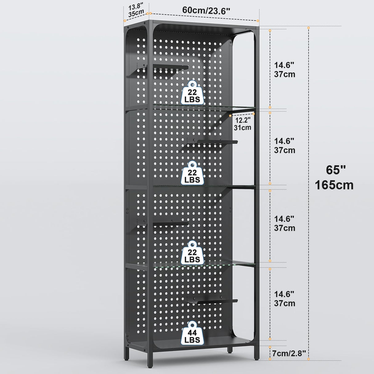 Saudism Glass Display Shelf for Collectibles, LED Black Shelf, Curio Cabinet, Lighted Tall Narrow Shelf with Pegboard Steel Frame for Gaming Room, Floor Lamp with Shelf, Living Room, Bedroom, Large Saudism