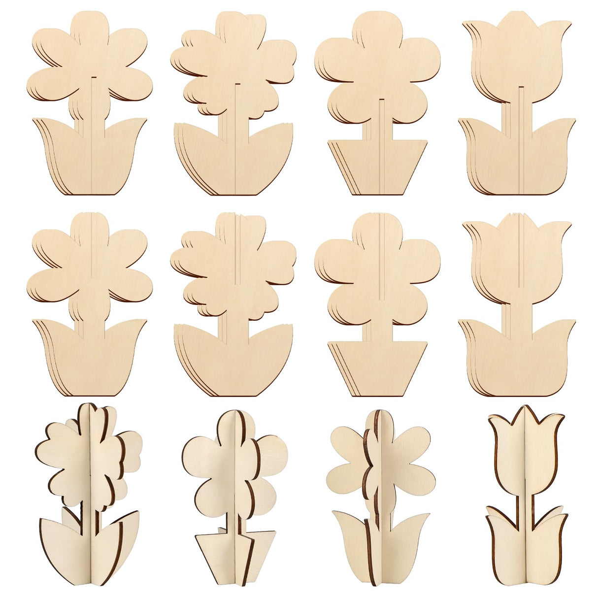 COCHIE DIY 3D Flower Spring Wood Crafts to Paint for Kids Adults, Paintable Unfinished Wooden Slices for Craft, Flowers Cutouts Ornaments for Painting Decorations (24 PCS) COCHIE