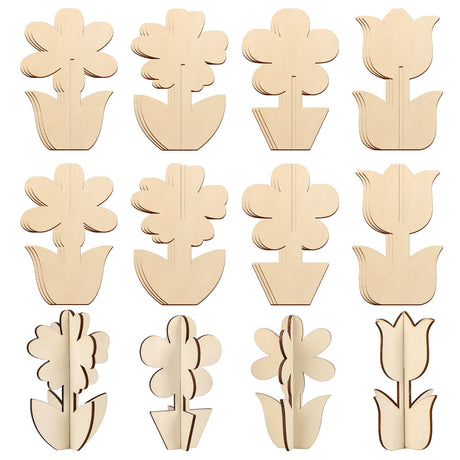 COCHIE DIY 3D Flower Spring Wood Crafts to Paint for Kids Adults, Paintable Unfinished Wooden Slices for Craft, Flowers Cutouts Ornaments for Painting Decorations (24 PCS) COCHIE