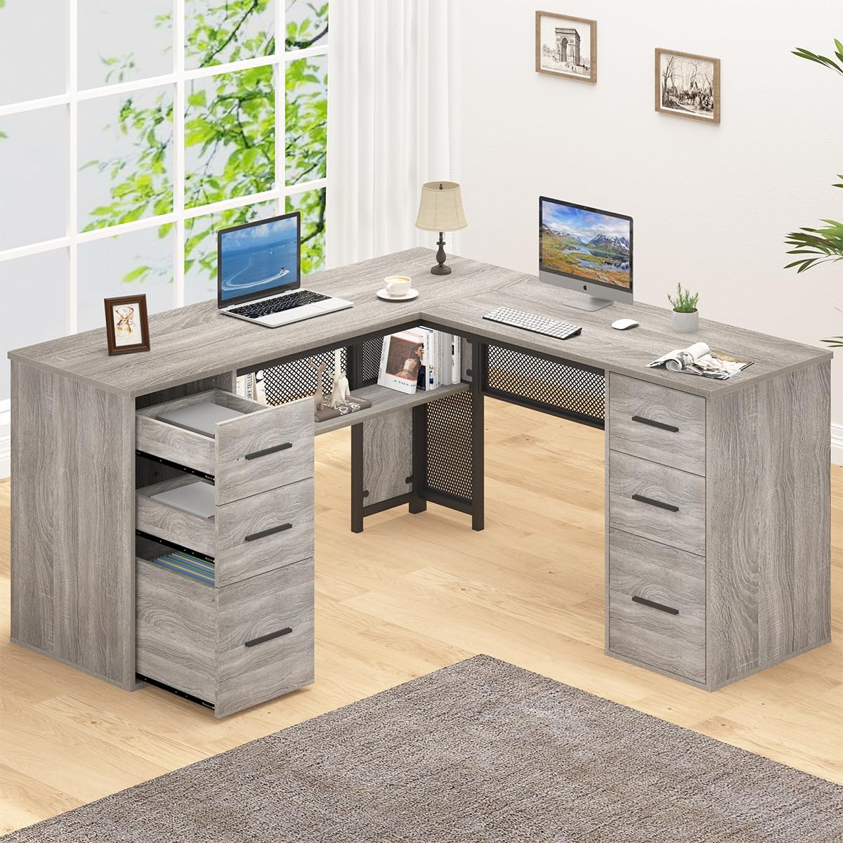 HSH Large L Shaped Desk with Storage File Cabinet，Corner L-Shaped Computer Desk with Drawers Shelves, Home Office Bedroom Metal Wood Study Writing Table Executive Workstation, Light Grey Oak, 59 Inch HSH