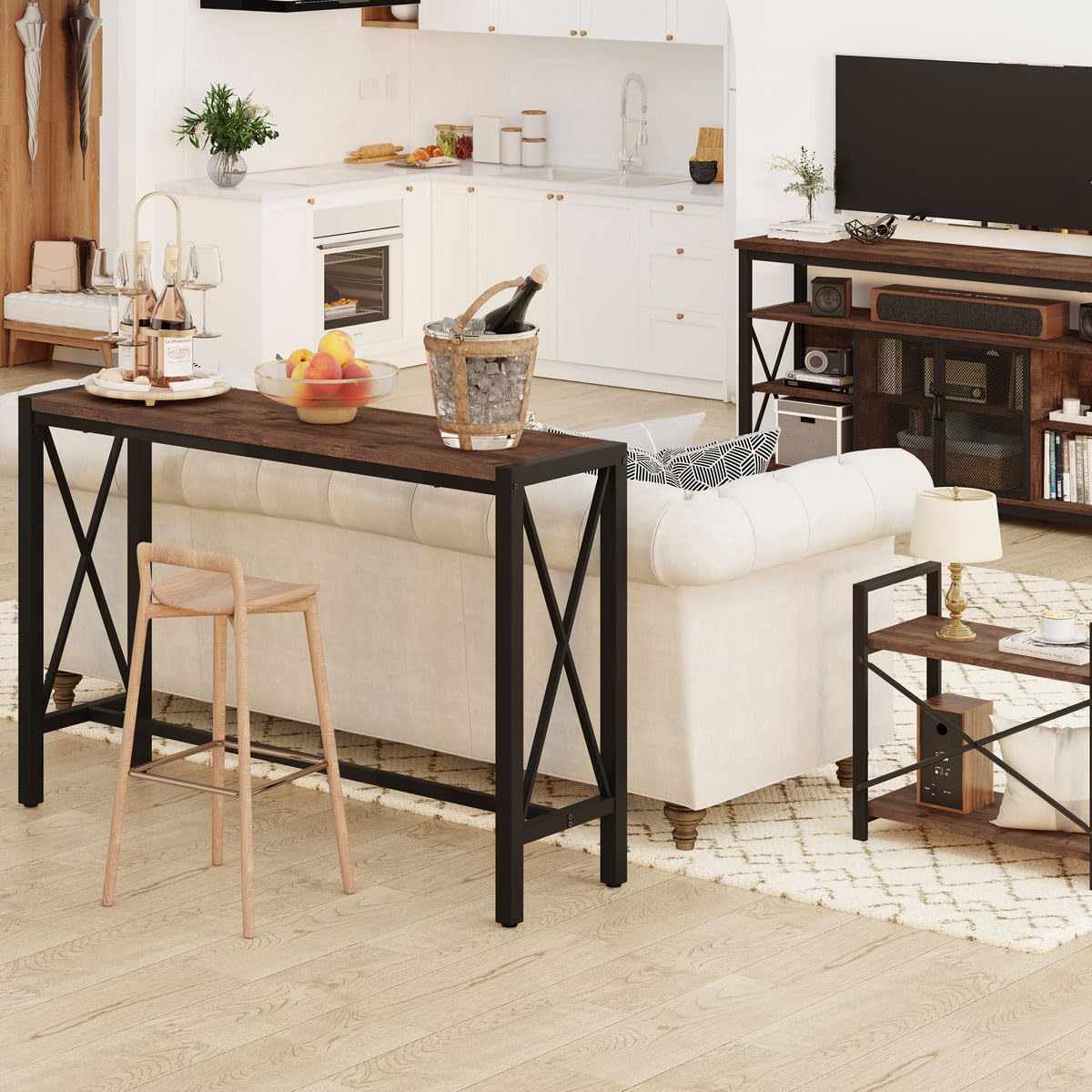 Rustic Oak BON AUGURE 55" Counter Height Bar Table - Tall Pub Console for Dining and Living Spaces BON AUGURE