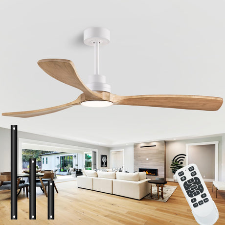 dearnow 60" Ceiling Fans with Light with Remote Control, Indoor Outdoor Wood Ceiling Fan with 3 Wood Blades for Living Room, Hallway, Office, Farmhouse, etc. (White + Wood Color) dearnow