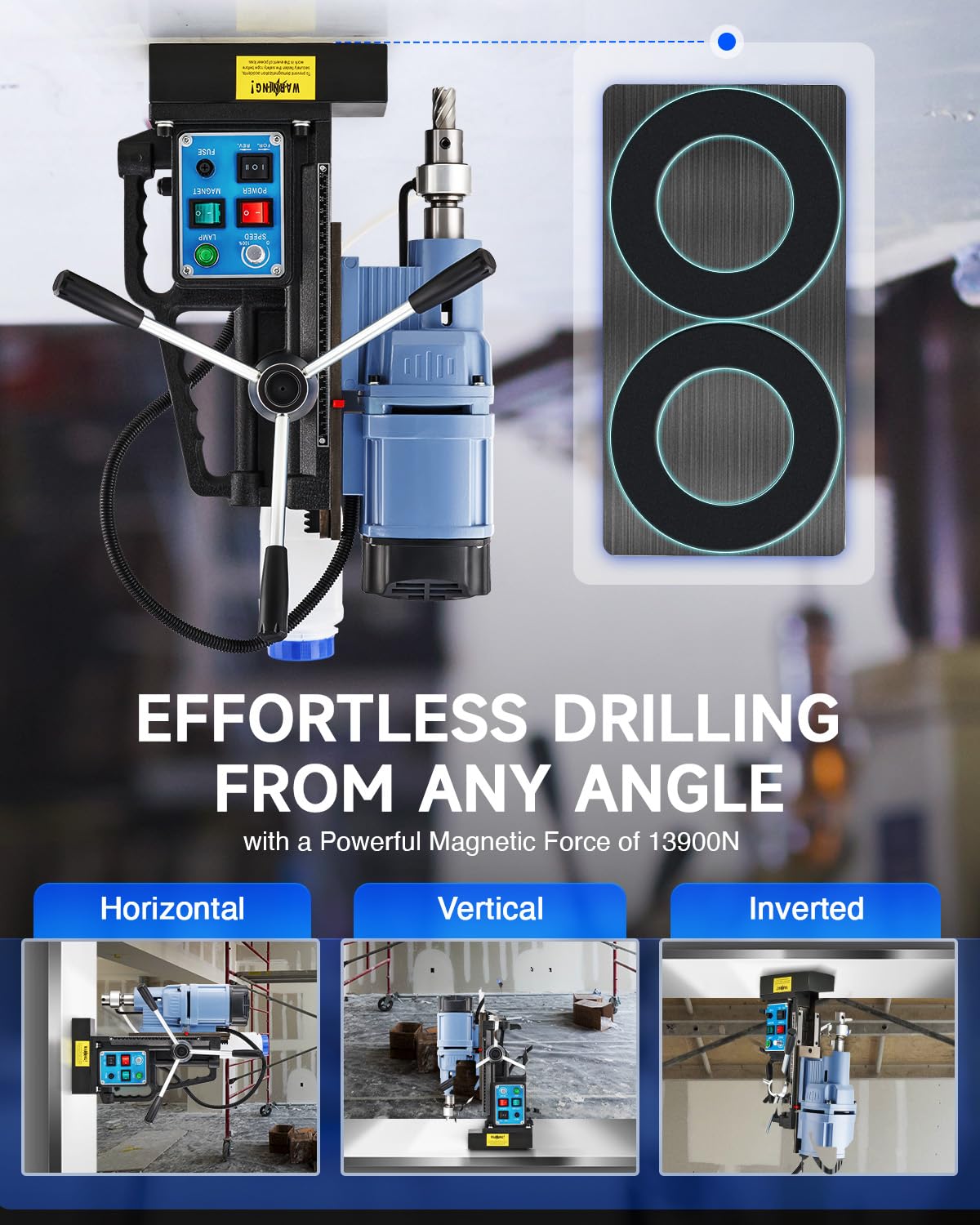 ZELCAN Magnetic Drill Press with 6 Drill Bits, 1550W Mag Drill Press with 2" Dia. 3125 lbf/13900N Mag Force, 650 rpm Power Magnetic Drill with Stepless Speed & Reversible Direction for Metal  - WoodArtSupply