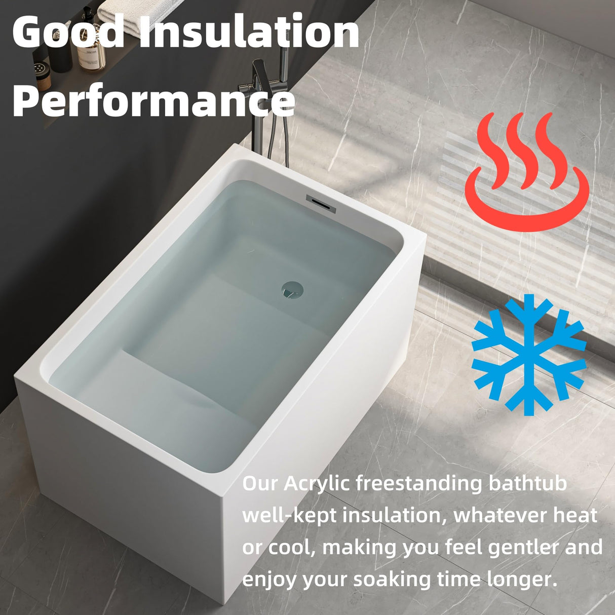 43" Acrylic Freestanding Bathtub with Seat, Japanese Soaking Tub Spacious Rectangular Shape, Modern Soaking Bathtub, Gloss White Finish, Chrome Slotted Overflow & Pop-Up Drain Runave