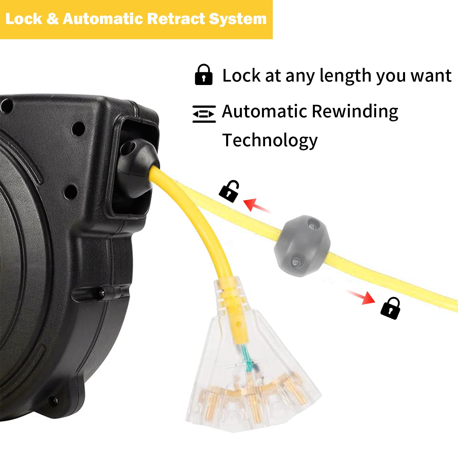 EP Retractable Extension Cord Reel,75 Feet 14 AWG/3C SJTOW Heavy Duty Power Cord,10 AMP Circuit Breaker, 3-Lighted Triple Outlets,Ceiling or Wall Mount Use Indoor/Outdoor, Yellow - WoodArtSupply