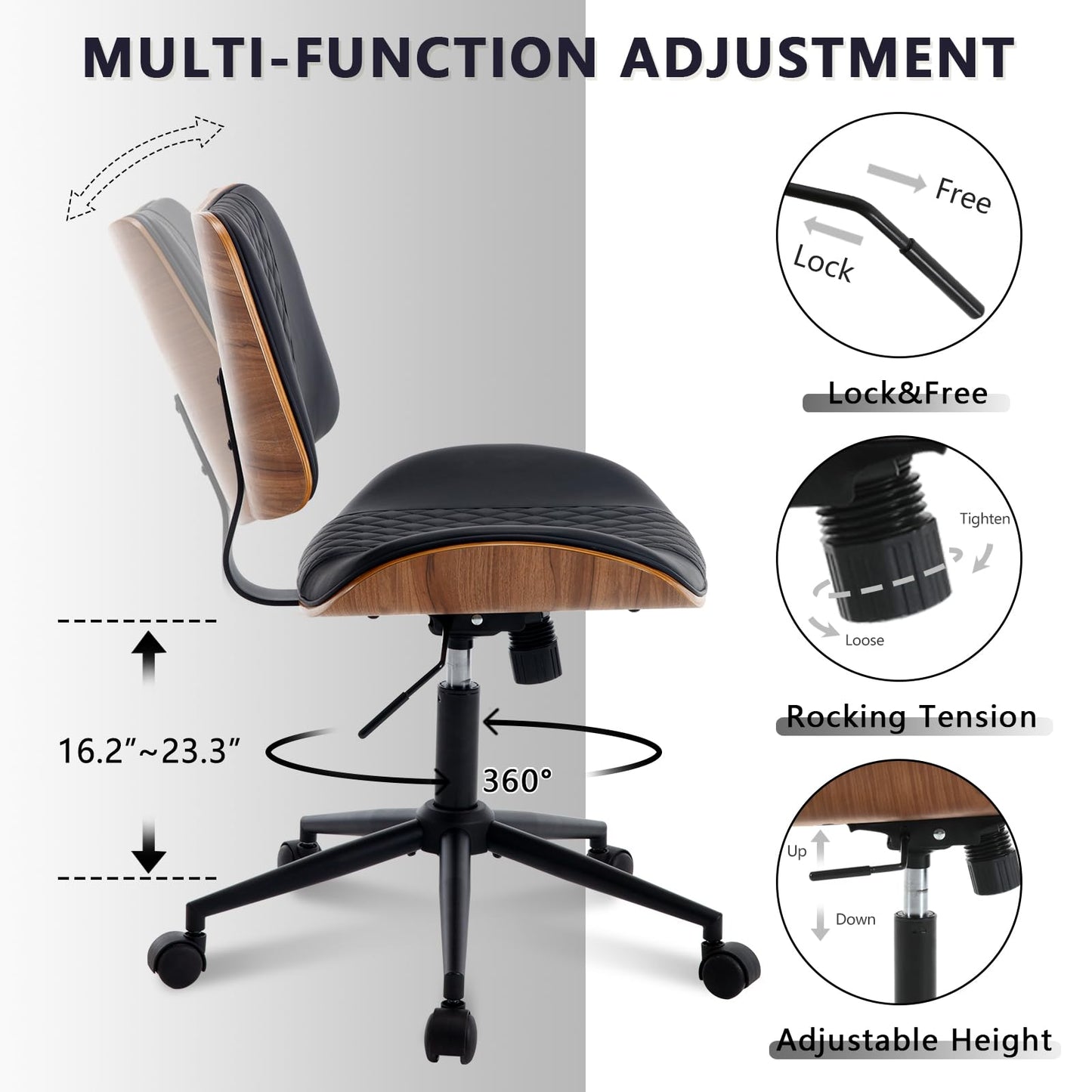 BERYTH Home Office Chair No Arms with Wheels, Adjustable Height Small Desk Chair, PU Leather Mid Back 360 Swivel Computer Chair, Armless Modern Walnut Chair for Office, Reading Meeting Room(Black)