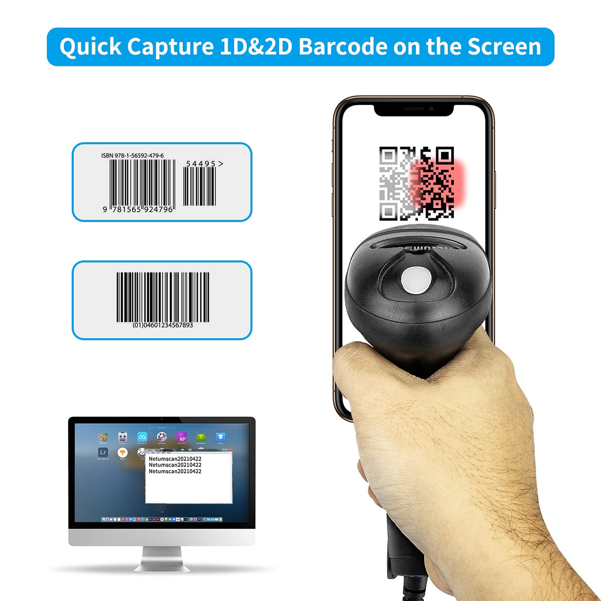 Handheld USB QR Barcode Scanner Reader for Computers, NetumScan Handheld Wired Automatic 1D 2D Image Bar Code Scanners for Mobile Payment, Store, Supermarket, Warehouse NetumScan