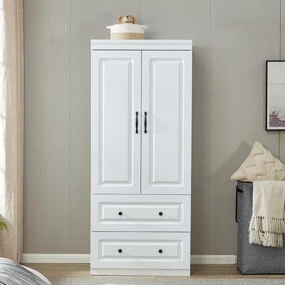 Sophshelter Wooden Armoire Wardrobe Closet, 2 Door 2 Drawers White Wardrobe Cabinet with Large Capacity, Bedroom Tall Armoire Storage Cabinet with Hanging Rod and Handles 31.5" L x 20.3" W x 72" H