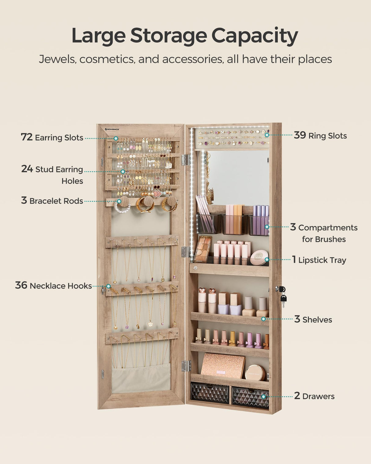 SONGMICS Jewelry Cabinet Armoire Organizer with LED Lights, Wall-Mounted Storage Cabinet with Full-Length Frameless Mirror, Built-in Makeup Mirror, 2 Drawers, Lockable, Camel Brown UJJC013N01 SONGMICS