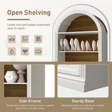 RALGEND Farmhouse Arched Bookshelf, 7 Tiers Arch Bookcase with 2 Spacious Drawers, Modern Book Shelf with Open Display Shelves and Storage Cabinet, for Office, Living Room, Kitchen, Walnut and White RALGEND