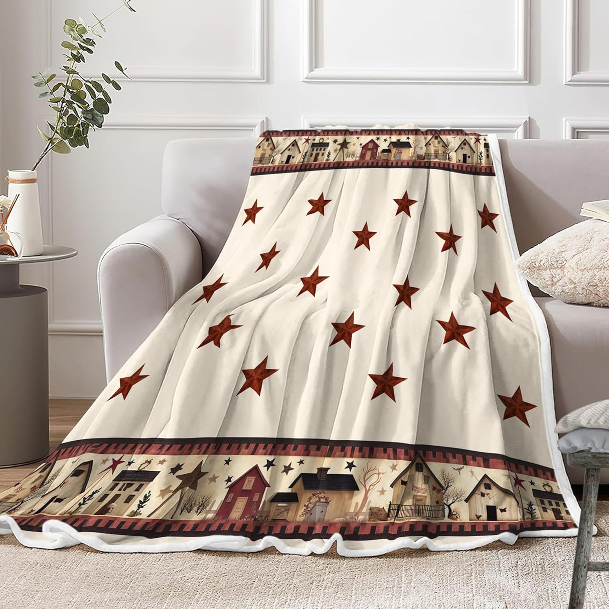 JAWO Rustic Country Throw Blankets, Primitive Barn Star Cozy Warm Bed Couch Blanket, Christmas Farmhouse Theme Fleece Flannel Throws to Decorate The Room and Bedroom 50X60IN JAWO