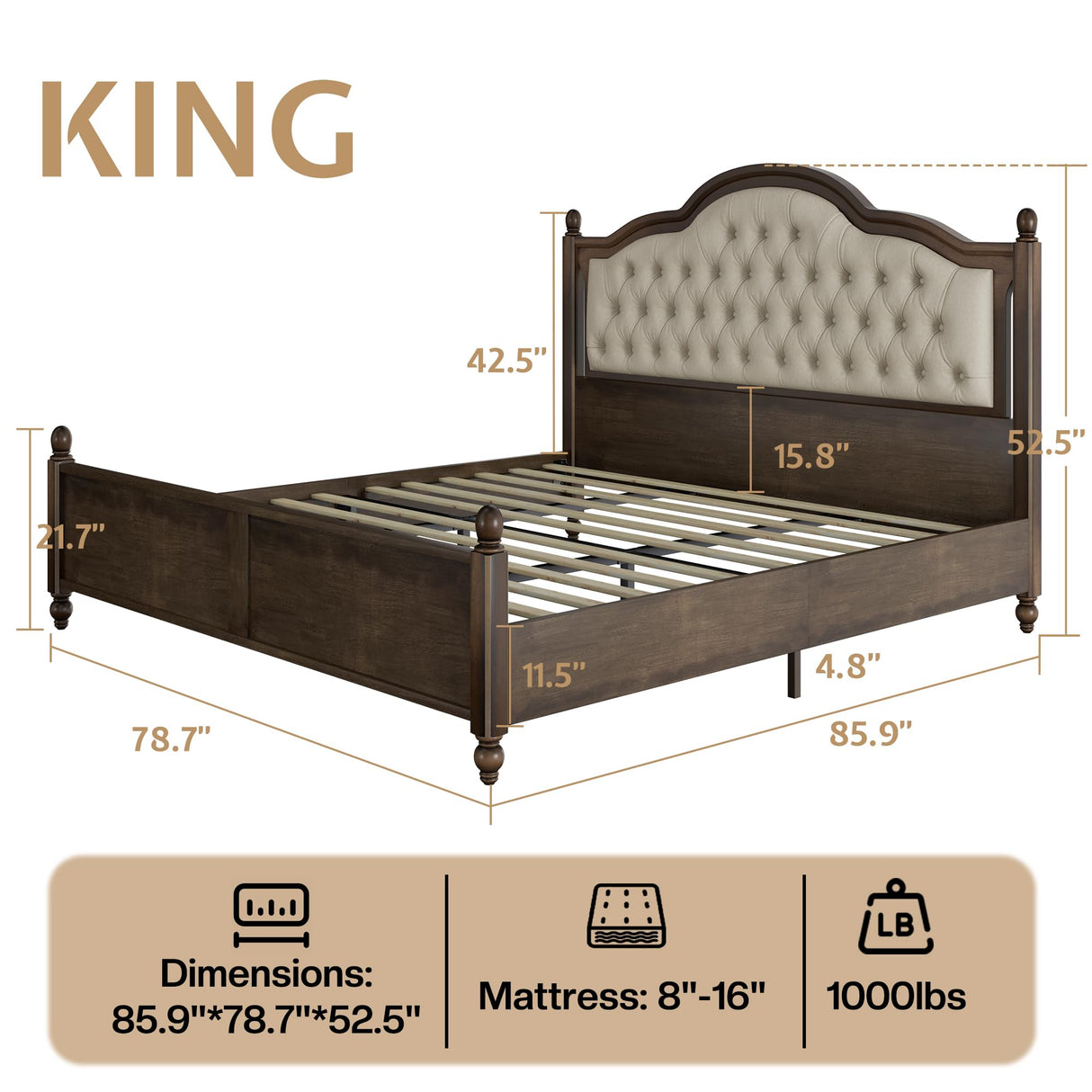 YUMPIE Solid Wood King Bed Frame, Transitional Platform Bed with 52.5" Tufted Upholstered Headboard, Rubberwood Construction, Roman Column Accents, No Box Spring Needed YUMPIE