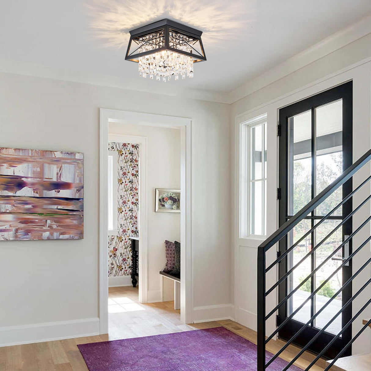 Crystal Flush Mount Ceiling Light, 11.8 inch 4-Light Black Farmhouse Lighting Metal Ceiling Light, Modern Trapezoid Hallway Light Fixtures Ceiling Mount for Bedroom Kitchen Laundry Entryway Foyer Ejerlya