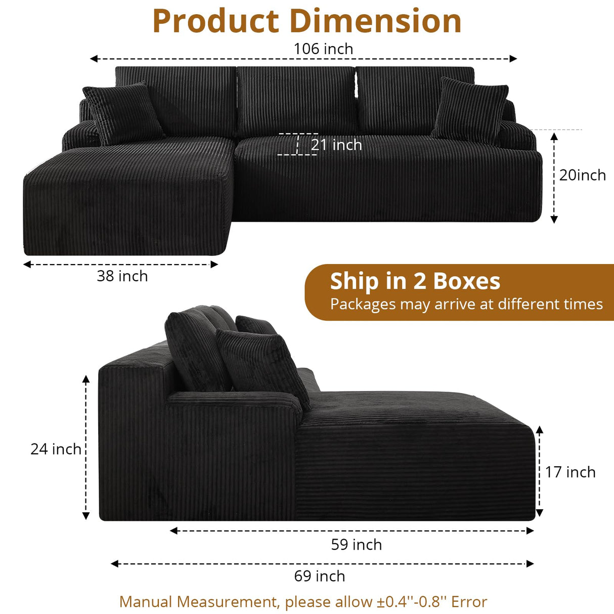 106 in Modular Sectional Sofa, L-Shaped Boneless Cloud Couch with Deep Seat, Comfy Corduroy Upholstered Sleeper Sofa for Living Room, Memory Foam, No Assembly Required, Right-Facing Chaise, Black GarveeHome