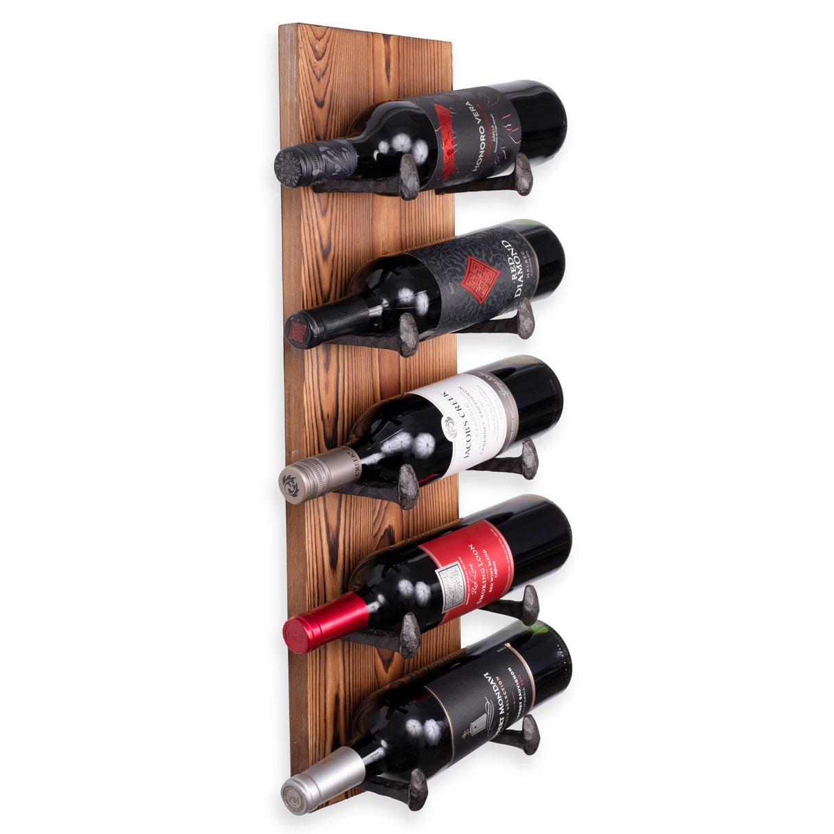 Rustic State Alicante Wall Mounted Reclaimed Wood Vertical Wine Rack Holder Shelf Organizer with Railroad Spike Cast Iron Hooks for 5 Bottles - Home, Kitchen, Dining Room Bar Décor - Walnut Rustic State