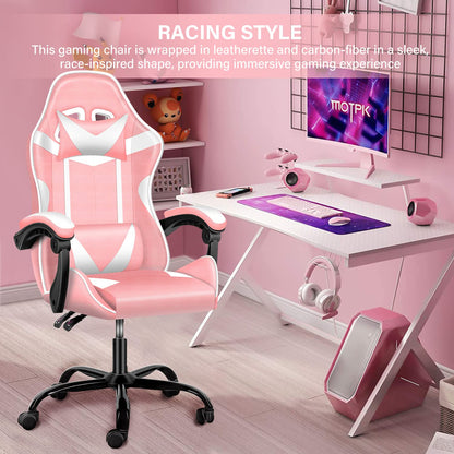 Pink Gaming Chair, Big and Tall Gamer Chair, Racing Style Adjustable Swivel Office Chair, Ergonomic Video Game Chairs with Headrest and Lumbar Support