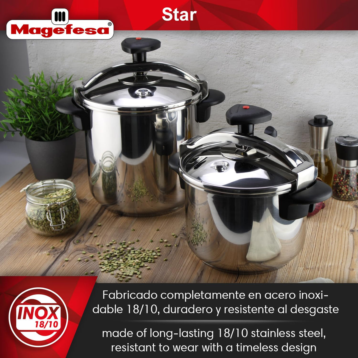 MAGEFESA Star Pressure Cooker, 4.2-Quart, 18/10 Stainless Steel, Works on All Stovetops (Induction Compatible), Safety Lock & 8 PSI Cooking MAGEFESA