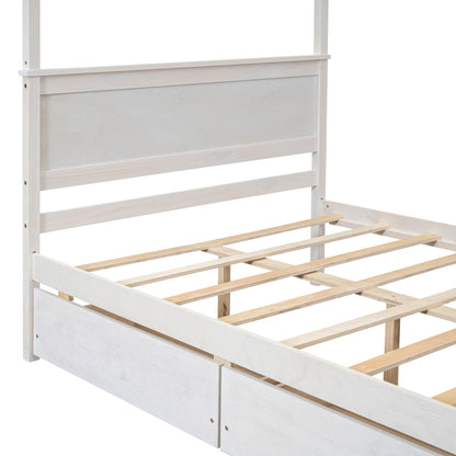 Quarte Canopy Bed, Full Size Canopy Platform Bed with Two Storage Drawers, Wood Bed Frame with Support Slats, Bedroom Furniture for Kids Teens Adults (Brushed White3)