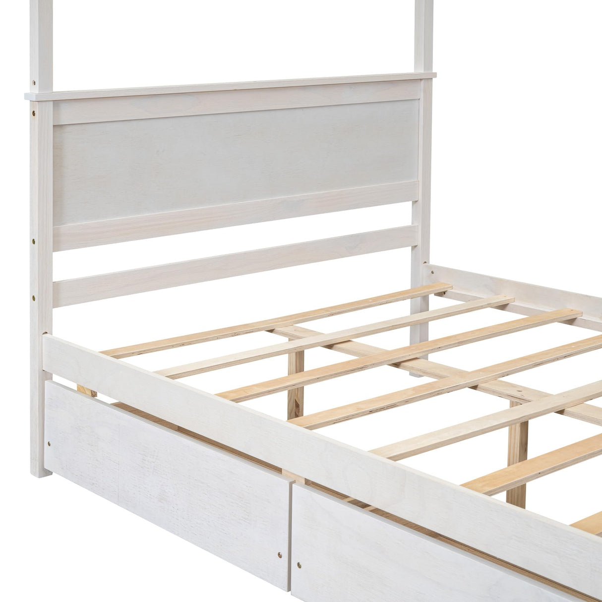 Merax Full Size Canopy Platform Bed with 2 Drawers, Wooden Bed Frame with Support Slats, No Box Spring Needed, Brushed White Merax