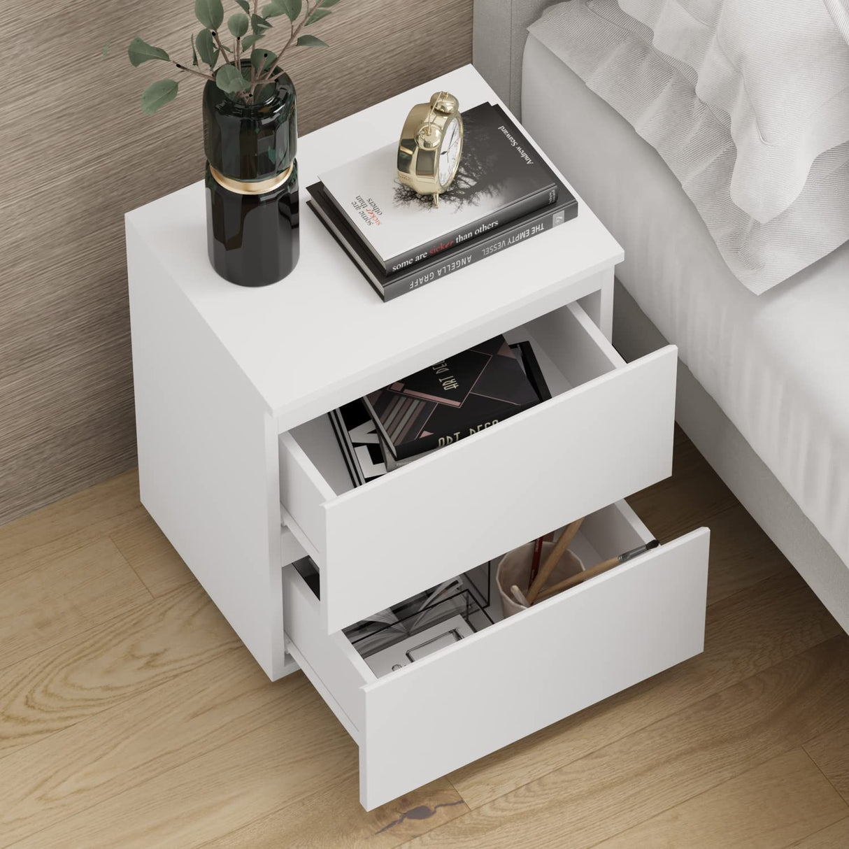 FUNISIR Nightstand with 2 Drawers, Modern Bedroom End Table with No Handle, Wooden Bedside Storage Cabinet, White FUNISIR