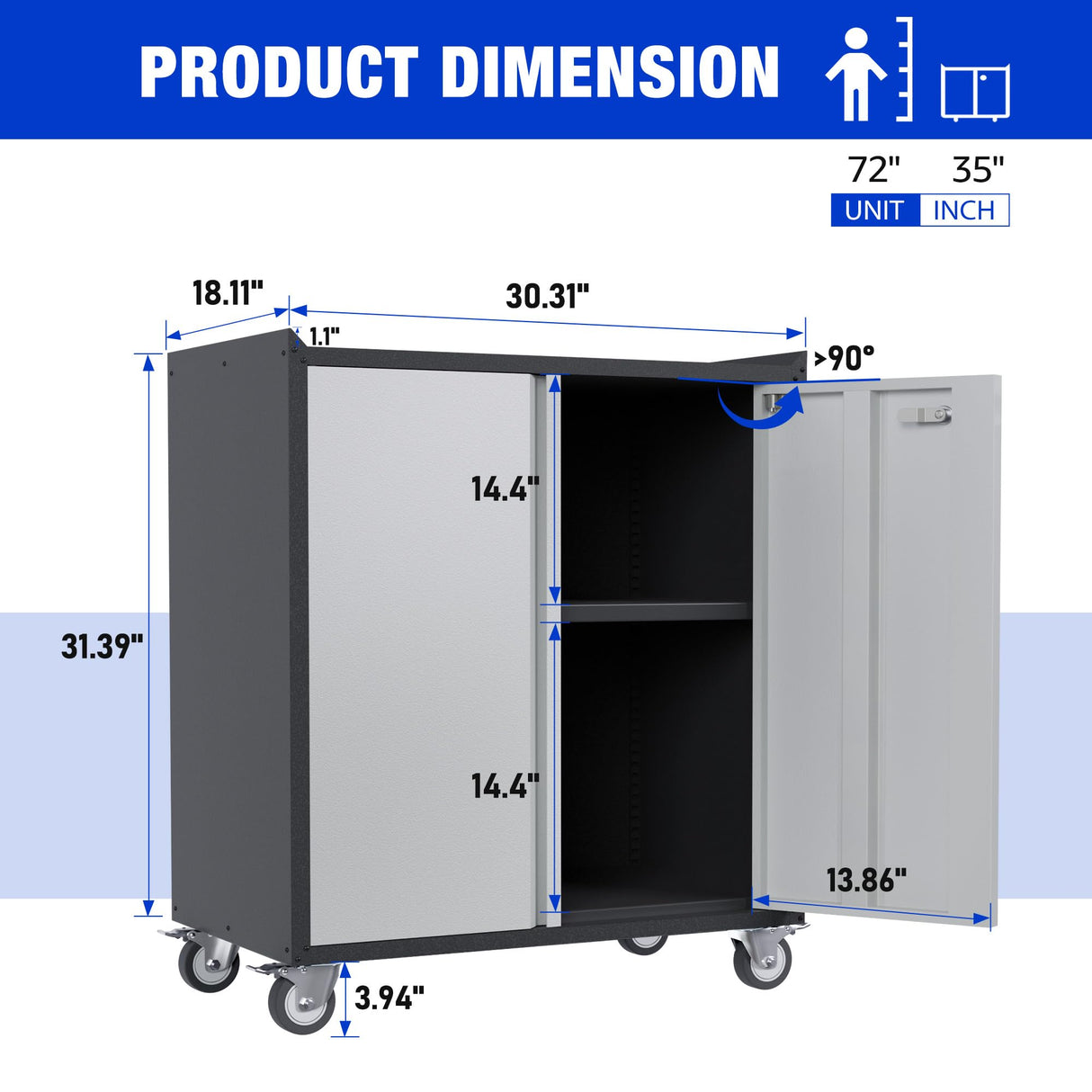 Aobabo 2 Door Tool Cabinets for Garage, 35.4 Inches Lockable Garage Storage Cabinet, Locking Metal Storage Cabinet with Wheels, Rolling Tool Chest, Assembly Required, Black/Gray Aobabo