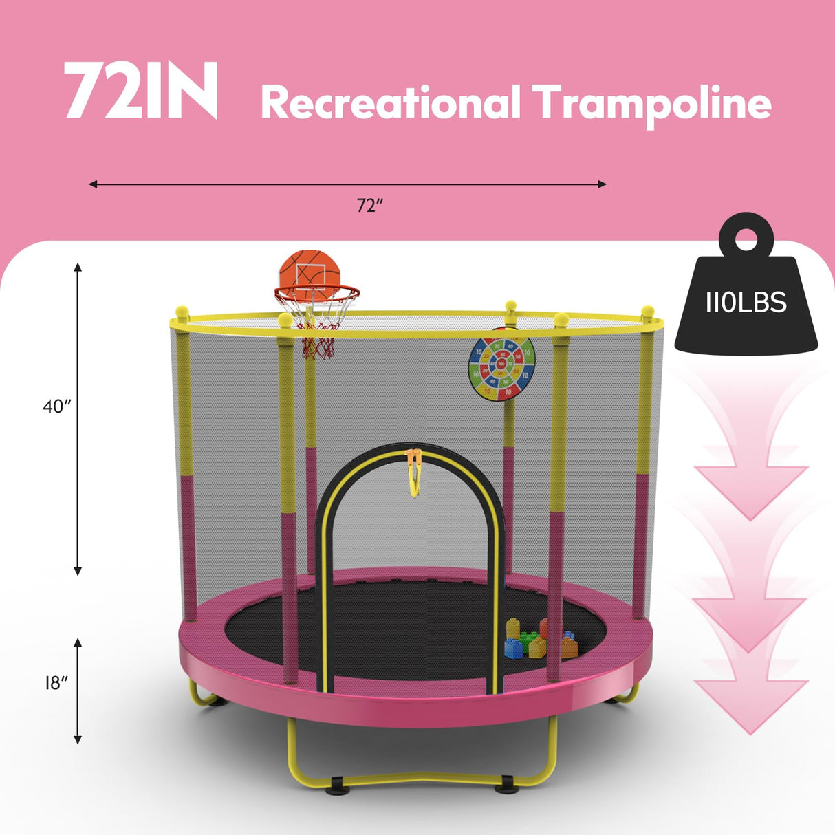 72" Trampoline for Kids with Net,6 FT Indoor & Outdoor Small Toddler Trampoline with Basketball Hoop & Dart Board for Ages 1-8, Birthday Gifts for Boys & Girls, Baby Toddler Christmas Toys Pink Sedeke