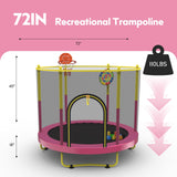 72" Trampoline for Kids with Net,6 FT Indoor & Outdoor Small Toddler Trampoline with Basketball Hoop & Dart Board for Ages 1-8, Birthday Gifts for Boys & Girls, Baby Toddler Christmas Toys Pink Sedeke