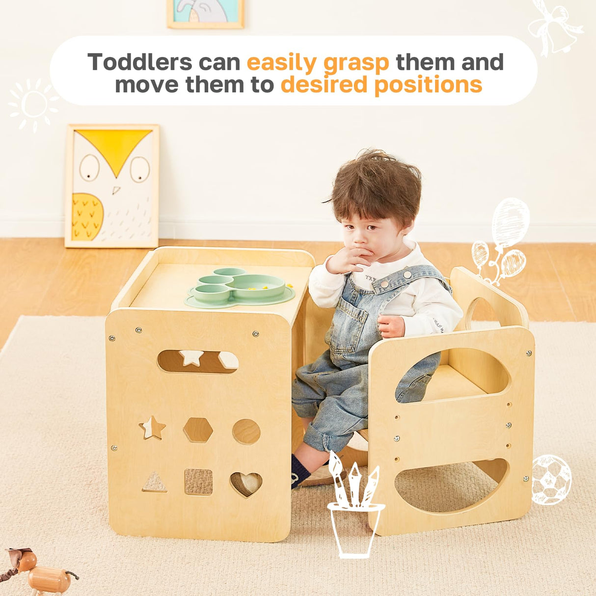 2 in 1 Montessori Weaning Table and Chair Set, Wooden Toddler Table and Chair Set with Blackboards, Adjustable Height Chair Step Stool,1-3 Year Old Kids Montessori Furniture for Boys and Girls Yojoker