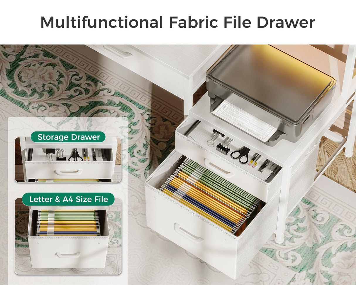 AODK 48-Inch Computer Desk with Fabric File Cabinet and Fabric Drawers, Reversible Office Desk with LED Strip and Power Strip, Gaming Desk with Monitor Riser, Writing/Study Table for Home, White AODK