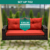 YITAHOME Wicker Hanging Porch Swing Chair Outdoor Brown Rattan Patio Swing Lounge w/ 2 Back Cushions Capacity 530lbs for Garden, Balcony, Living Room, Red YITAHOME