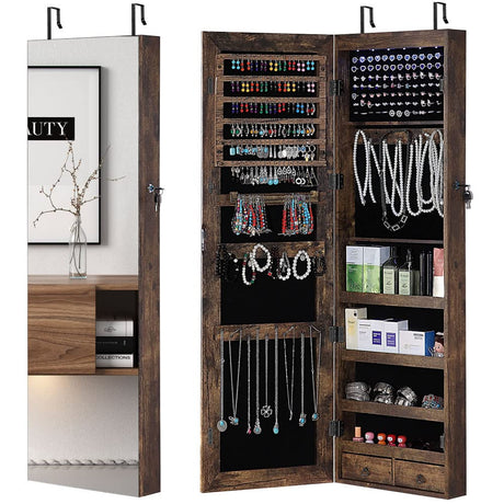 GISSAR Full Length Mirror Jewelry Cabinet, 6 LEDs Jewelry Armoire Wall Mounted Over The Door Hanging, Jewelry Organizer Storage with Lights Lockable, Vintage Brown GISSAR