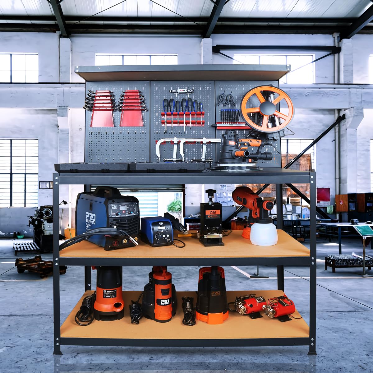 Prostormer Workbench, 47.25 inch Multipurpose Garage Worktable with Peg Board Hook Kit for Home, Garage, and DIY Projects Prostormer