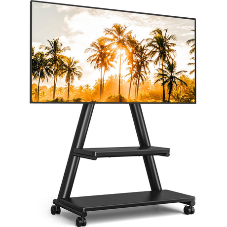 TVON Rolling TV Stand for 43-80" TVs up to 150lbs, Portable TV Stand on Wheels with Enhanced Triangular Design, Height Adjustable Mobile TV Stand with Swivel/Tilt/Dual Shelves for Indoor/Outdoor Use TVON