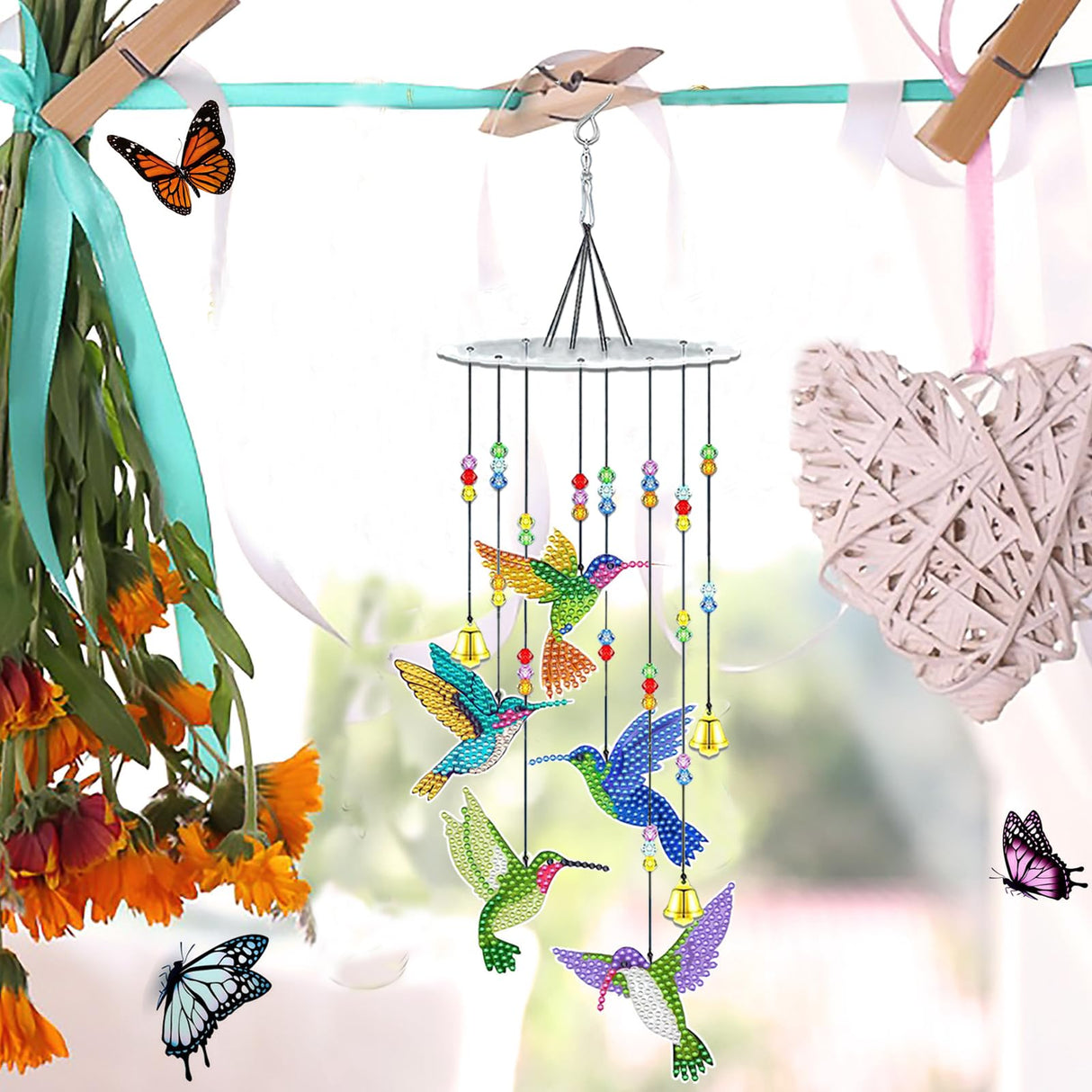 JeCuiK Hummingbird Diamond Painting Wind Chimes Double Side DIY Diamond Art Kits for Adults Diamond Painting Kits Wind Chimes 3D Diamond Art Suncatchers Hanging Ornament Crafts for Garden Decor JeCuiK