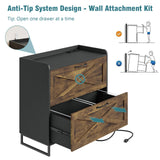 2 Drawer Lateral File Cabinet, Filing Cabinet with Charging Station for Letter/Legal/A4 Size Hanging Files, Modern Farmhouse File Cabinet for Home Office, Printer Stand with Storage, Brown and Black Befrases