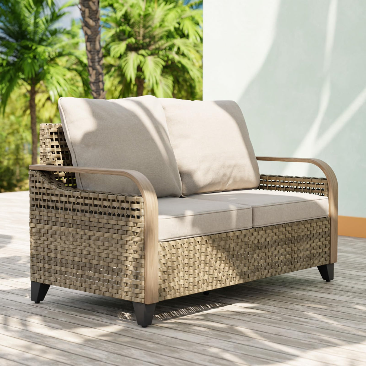 EAGLE PEAK Wicker Outdoor Patio Sofa Modern Rattan Patio Furniture Loveseat for Backyard Deck Porch Balcony, 2 Seat Loveseat, Brown/Gray EAGLE PEAK