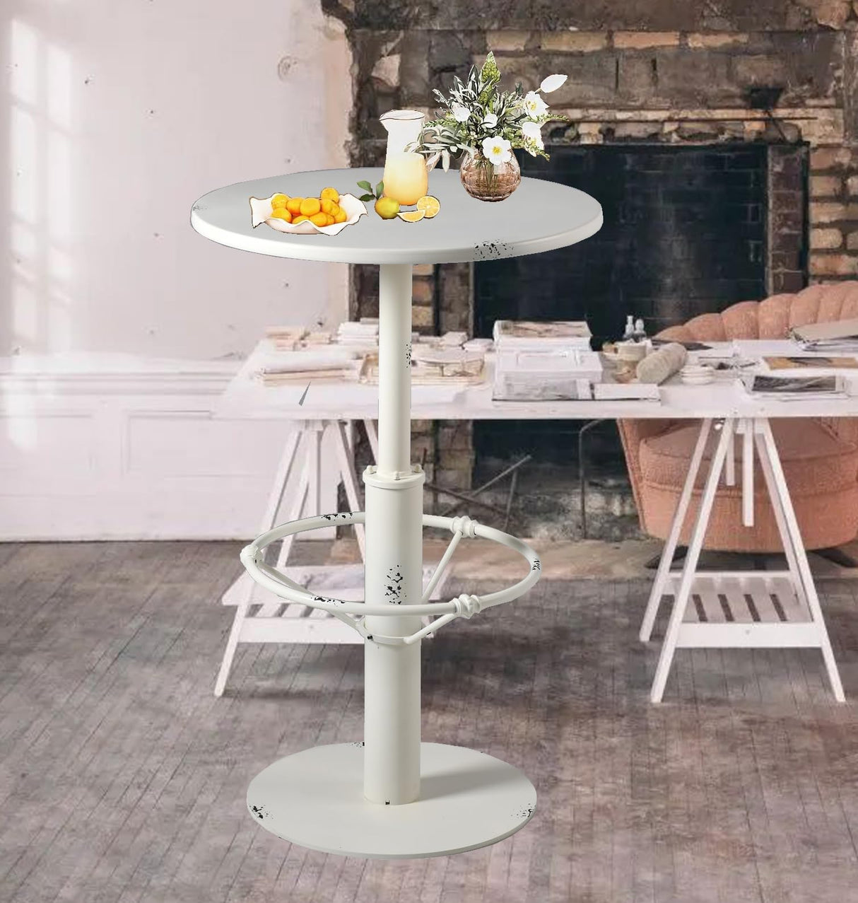 Diwhy Industrial Pub Table 23.6" Iron Round Desktop 37.4" Height Cast Iron Bar Table Antique White Diwhy