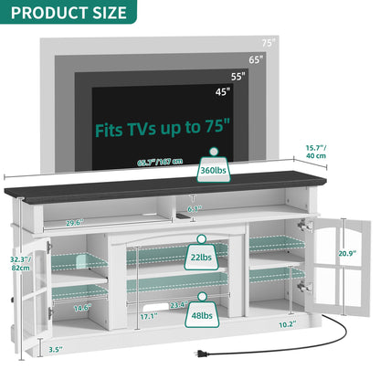 YITAHOME LED Farmhouse TV Stand for TV up to 75 Inch w/Outlets, Highboy Media Entertainment Center Console Table Adjustable Storage Shelves &Cabinet Glass Door for 360lbs for Living Room, White