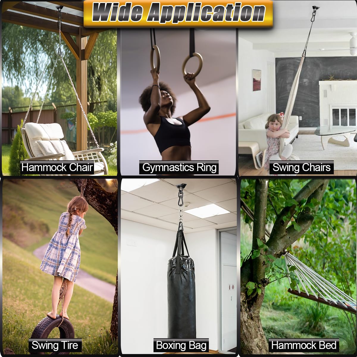 Hammock Hanging Kit, Hanging Chair Hardware 360° Swivel 1200 lb Capacity, Porch Swing Mounting Hardware, Hammock Chair Hanging Kit for Boxing Bag, Tree Gym (Black) Gelury