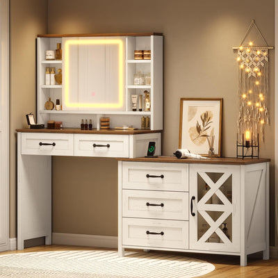 BTHFST Farmhouse Vanity with Glass Top & Charging Station, Vanity Desk with Touch Screen Mirror and Lights, Makeup Vanity with 5 Drawers & Shelves & Cabinet, Antique White