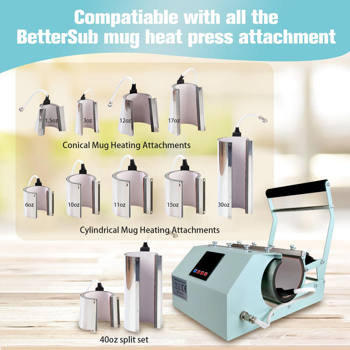 BetterSub 3in1 40 OZ Tumbler Mug Heat Press Machine 30 OZ 20 OZ 16 OZ Sublimation Straight Skinny Tumbler Mug,11 OZ 15 OZ 16 OZ Sublimation Mug Heat Transfer Teal BetterSub